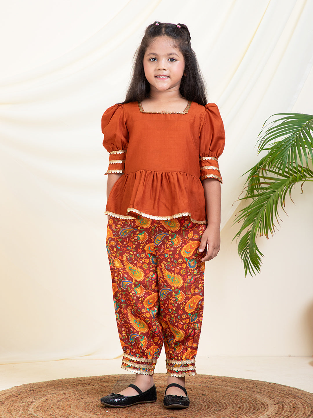 Solid Peplum Top With Abstract Printed Sharara