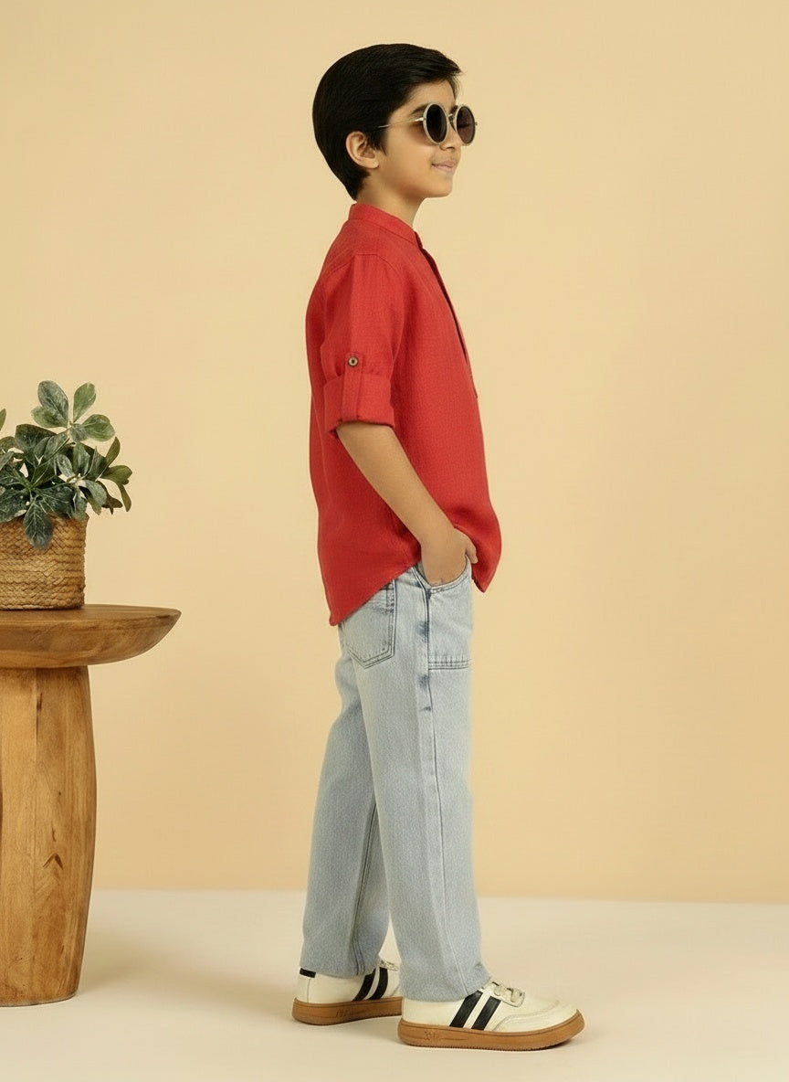 Red Color Cotton Calf Length Kurta For Boys