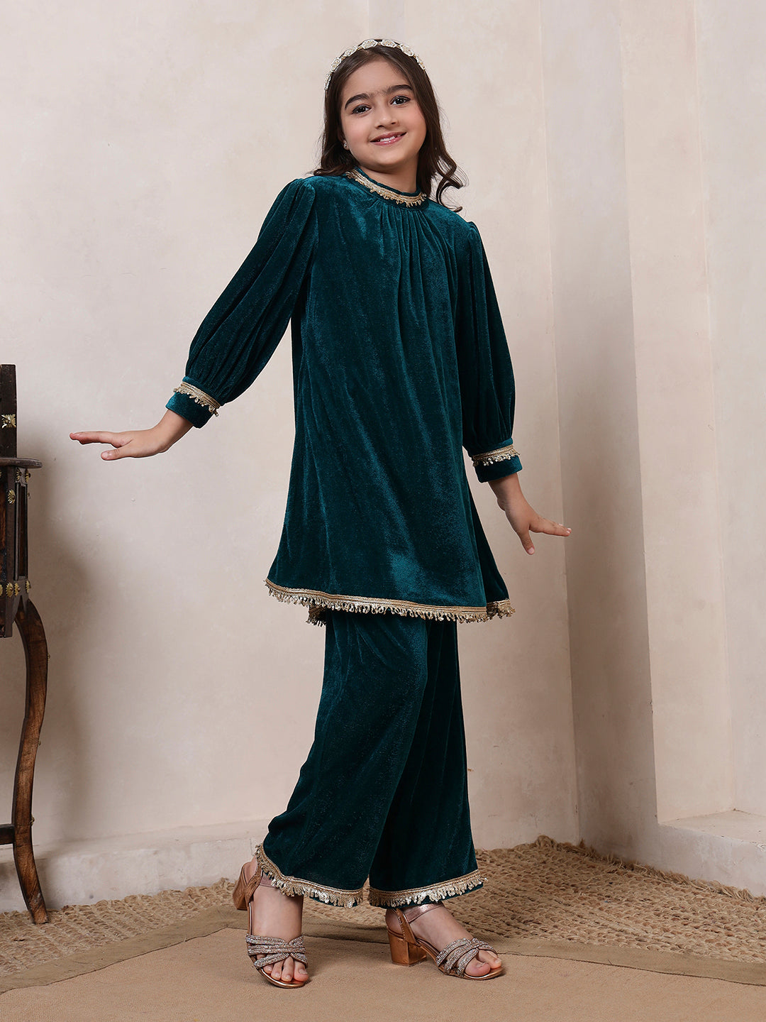 Velvet Band Collar Neck Style Kurta Set