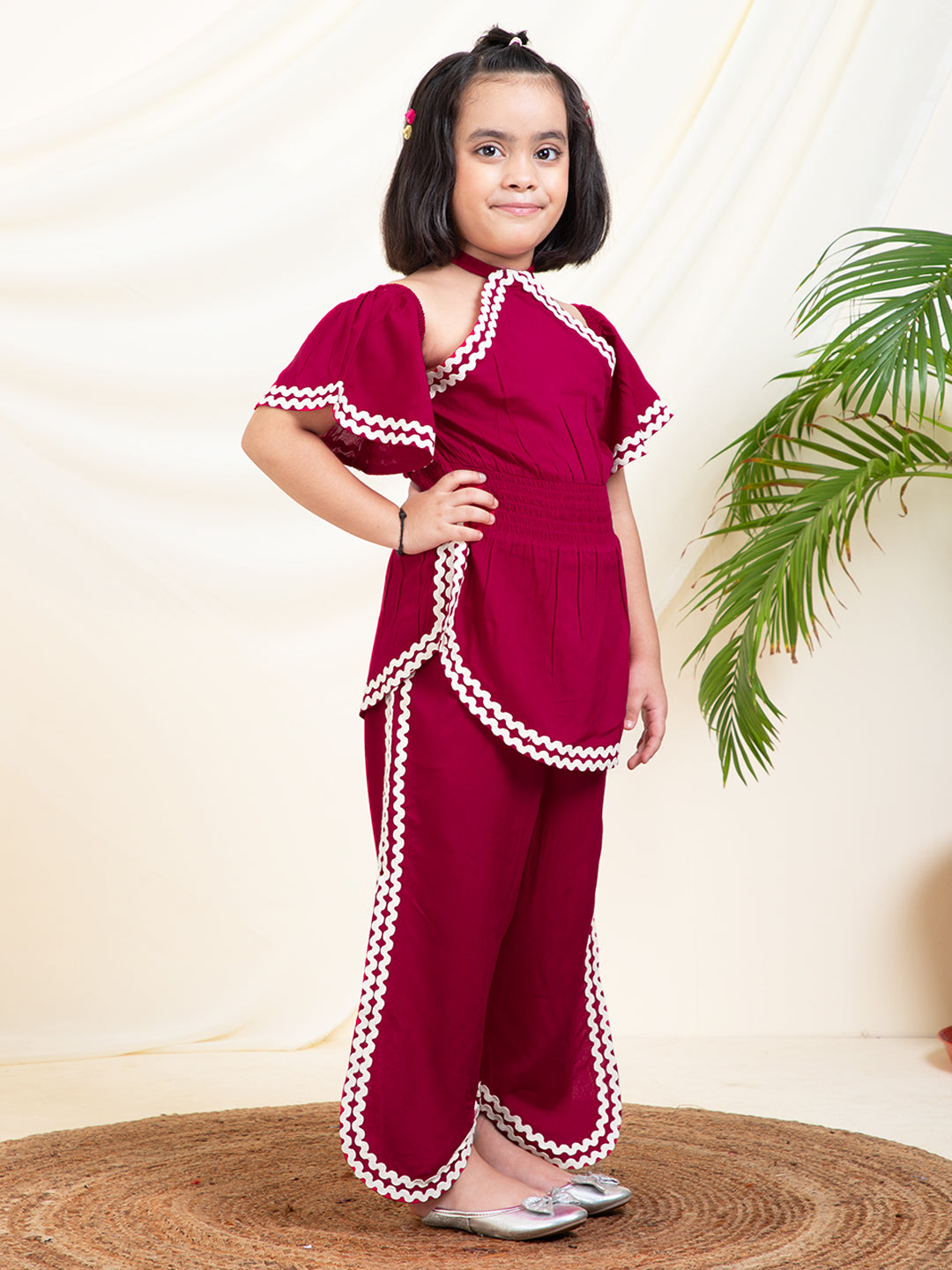 Solid Halter Neck Peplum Top With Slit Pants