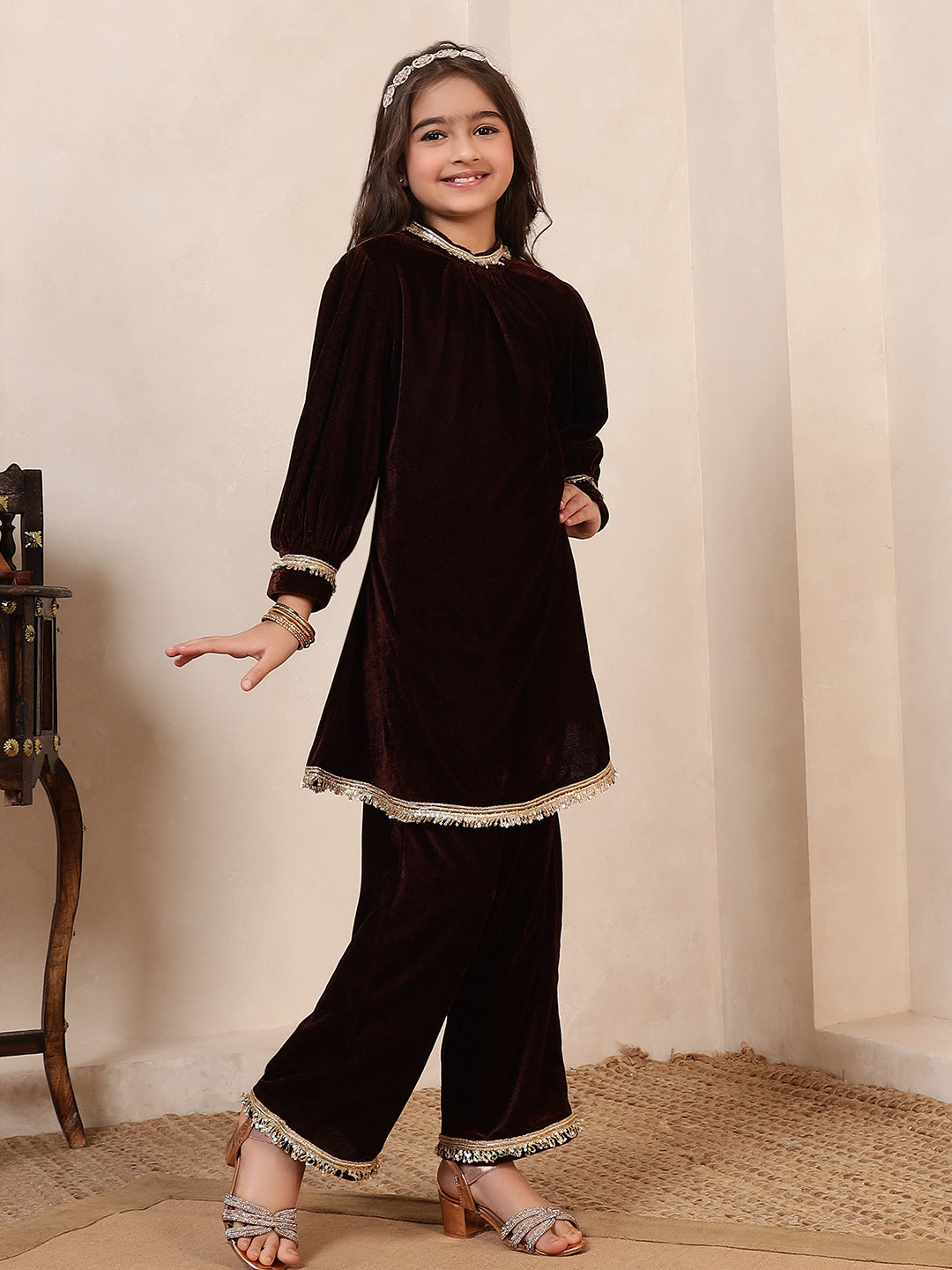 Velvet Band Collar Kurta Set