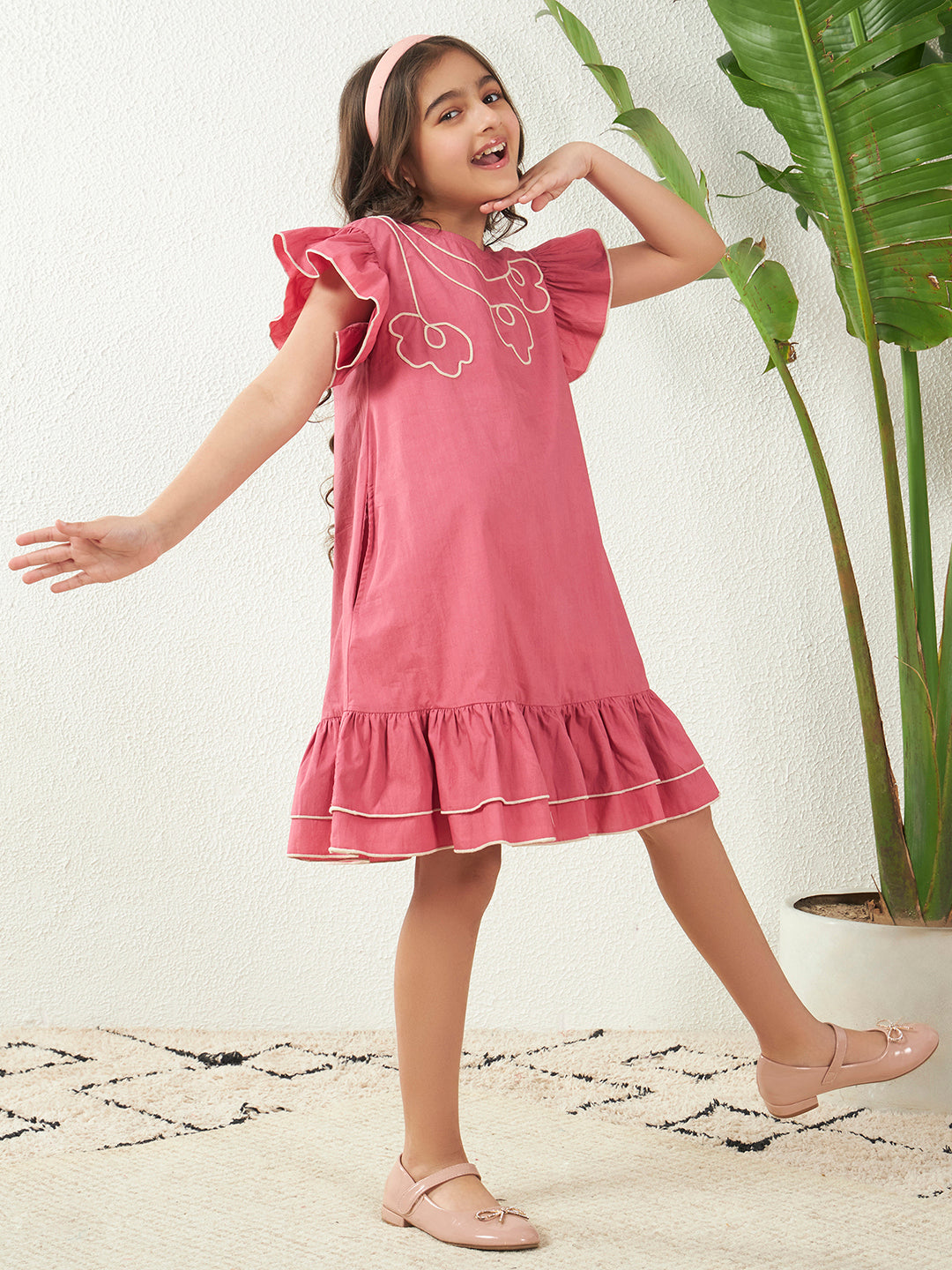 Girls Pink Cotton Poplin Floral Dori Work A-Line Dress