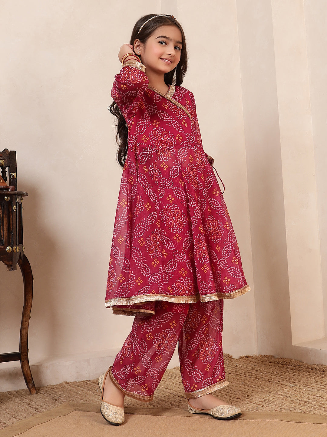 Bandhani Angrakha Style Kurta With Pants Set