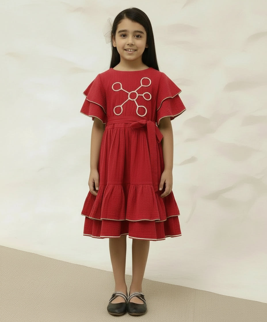 Red Cotton Round Neck Bell Sleeve Above Knee Length Dress For Girls