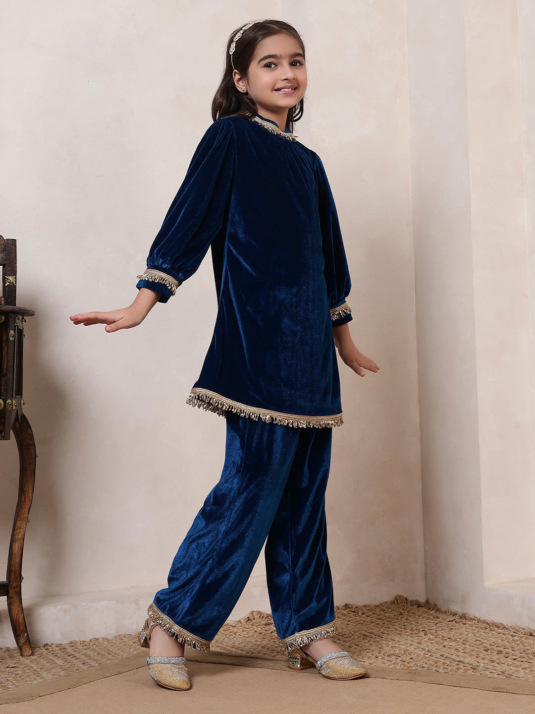 Teal Blue Velvet Band Collar Kurta Set