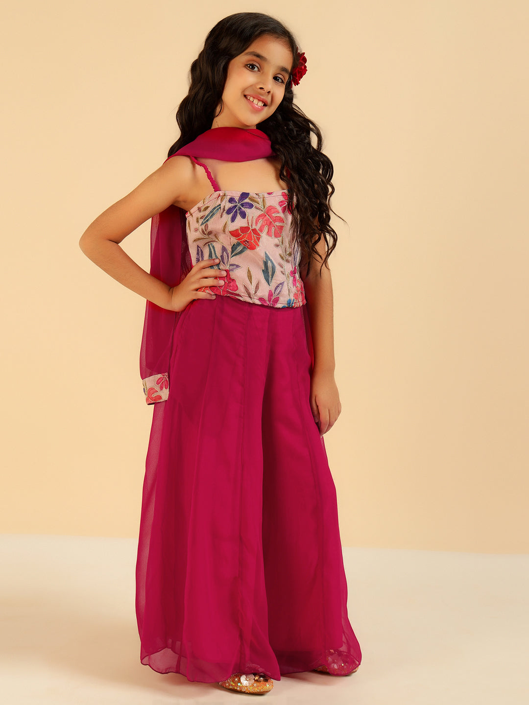 Embroidered Top With Palazzo & Dupatta Indo Western Girls Co-Ord Set