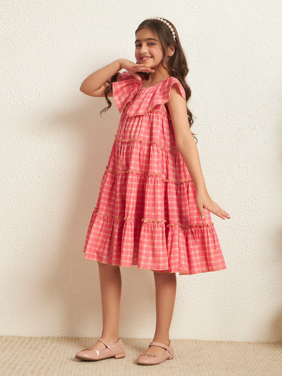 Girl's Carrot Pink Cotton Flex Check Print Shirt Style Tiered Dress