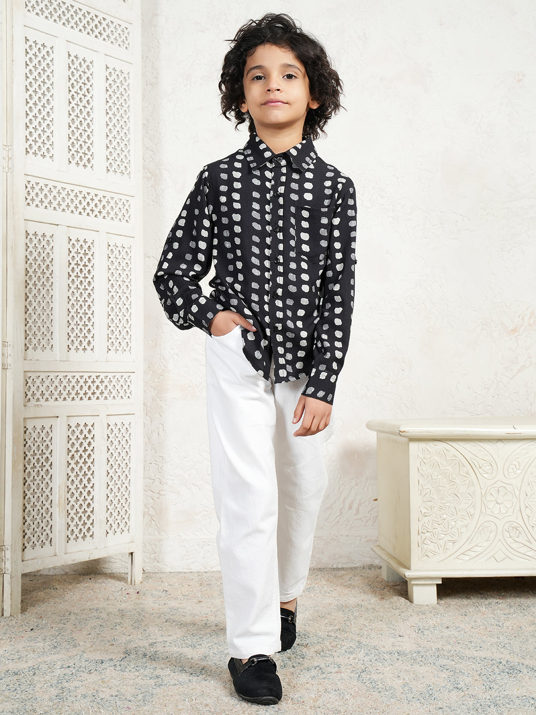 Black Polka Pure Rayon Shirt