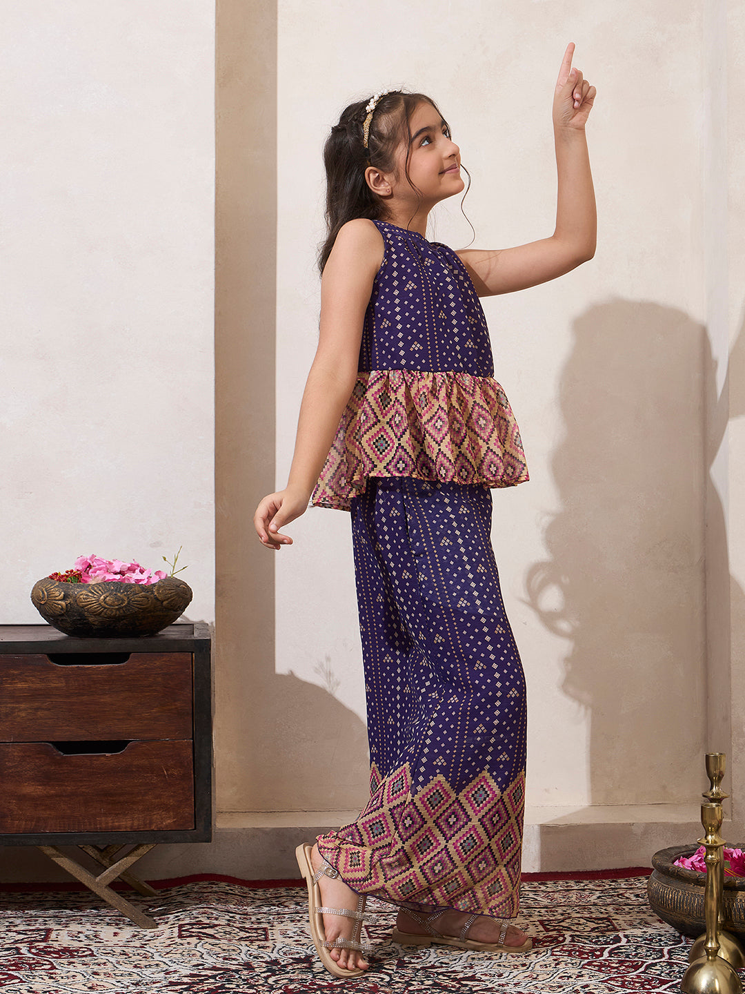 Girl's Purple B&hani Print Chiffon Peplum Top & Palazzo Set