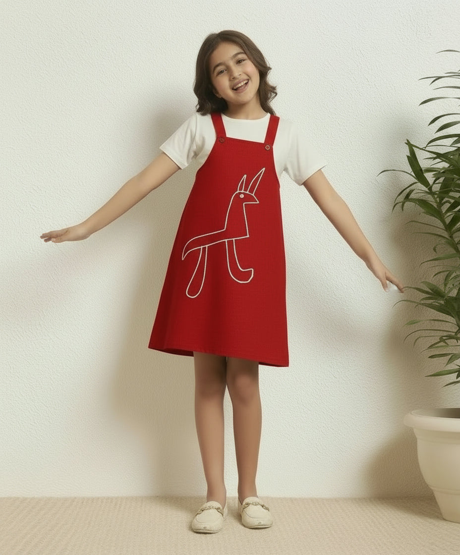 SHORT TOP WITH KNEE-LENGTH DUNGAREE DRESS