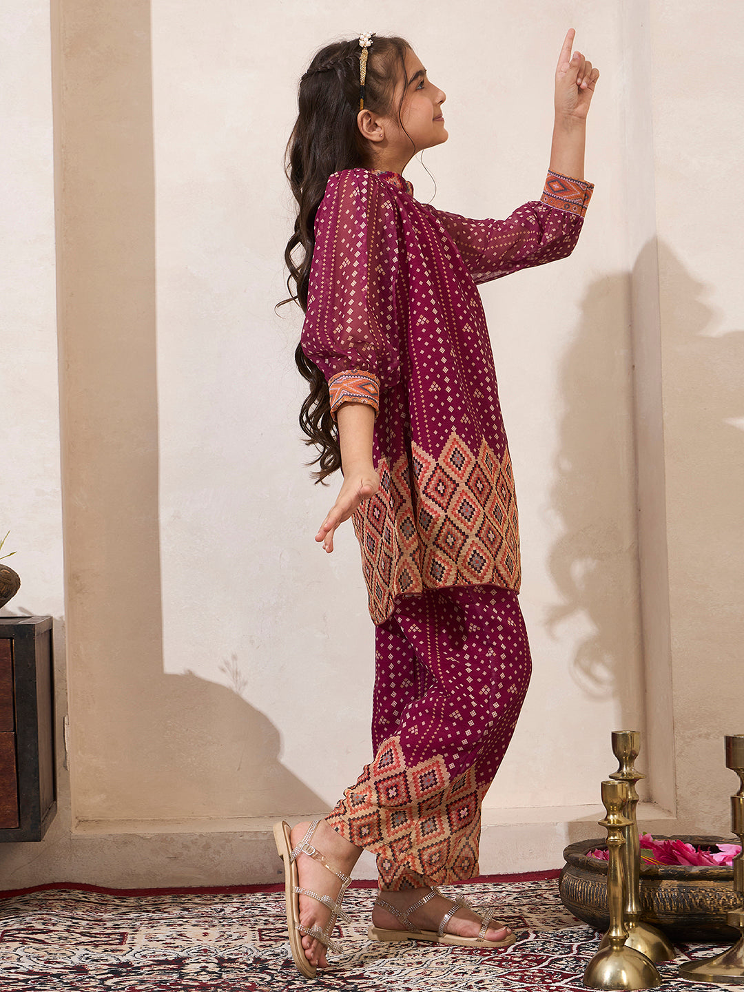 Wine B&hani Gathered Neck Kurta With Pant