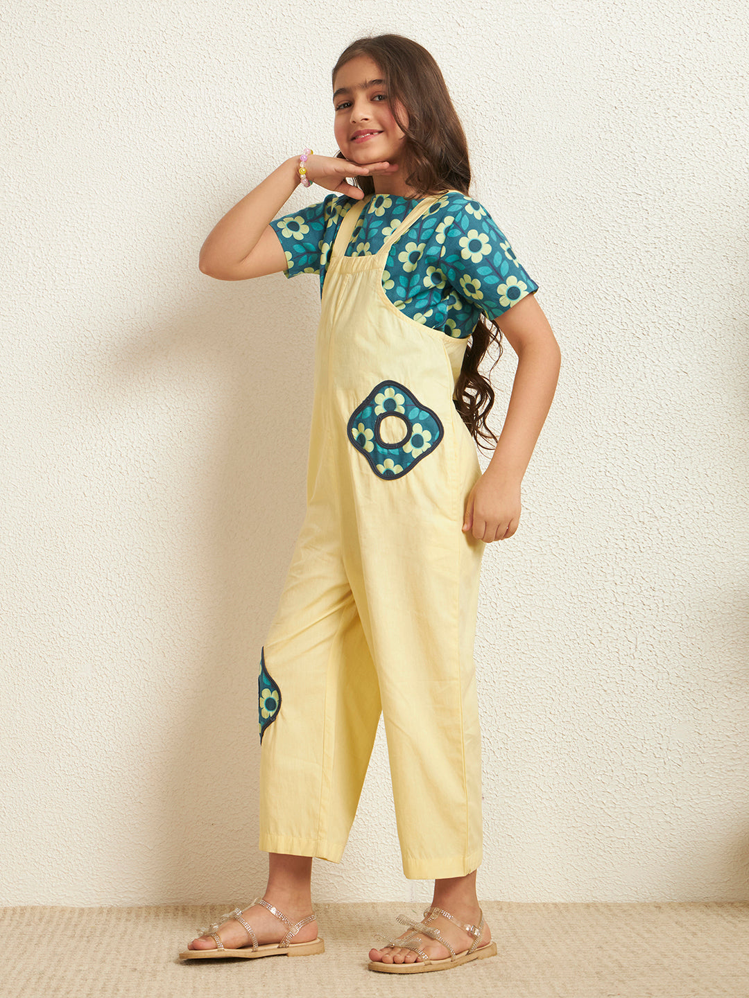 Lemon Yellow Cotton Poplin Floral With Solid Pattern Girl's Jumpsuit Set