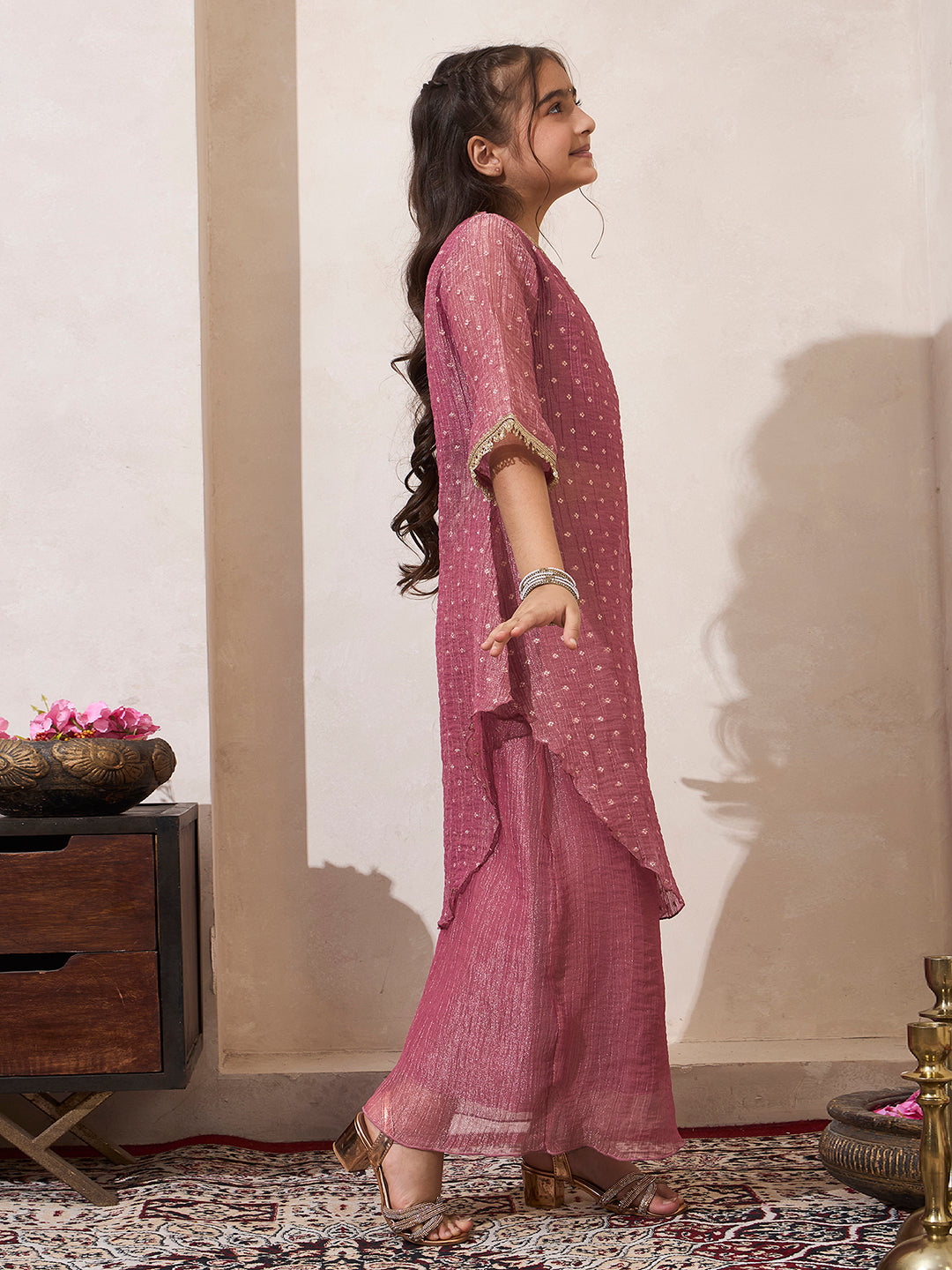 Pink Shimmer One Shoulder Kurta With Palazzo