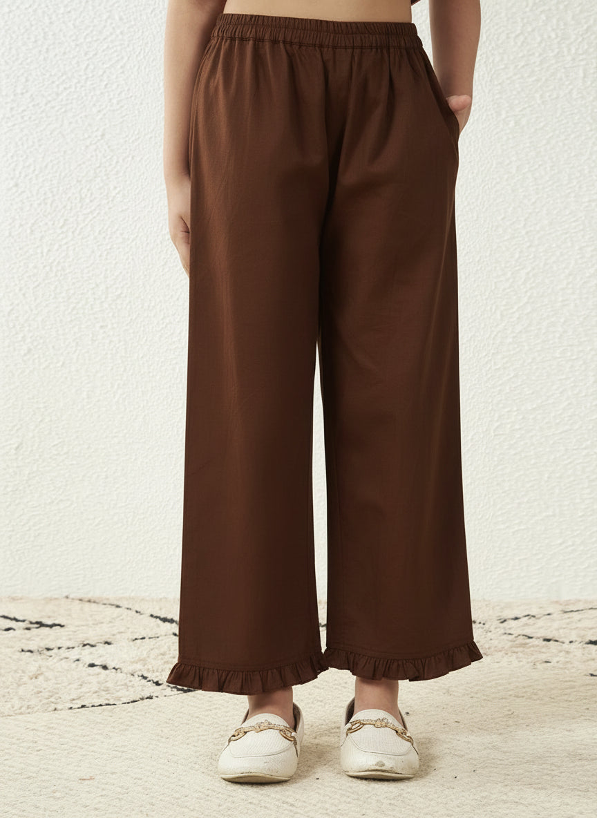 Girls Dark Brown Cotton Poplin Dori Work Top& Frill Pant Co-Ord Set