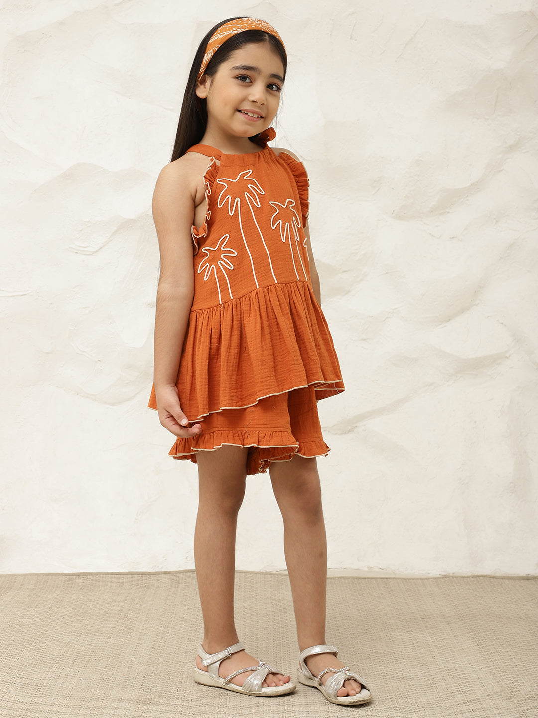 Tan Brown Pure Cotton Halter Neck Peplum Top & Shorts