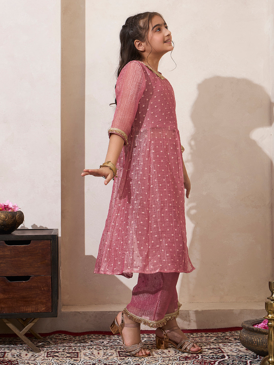 Girl's Pink Shimmer Butti Work Long Kurta & Pant Set