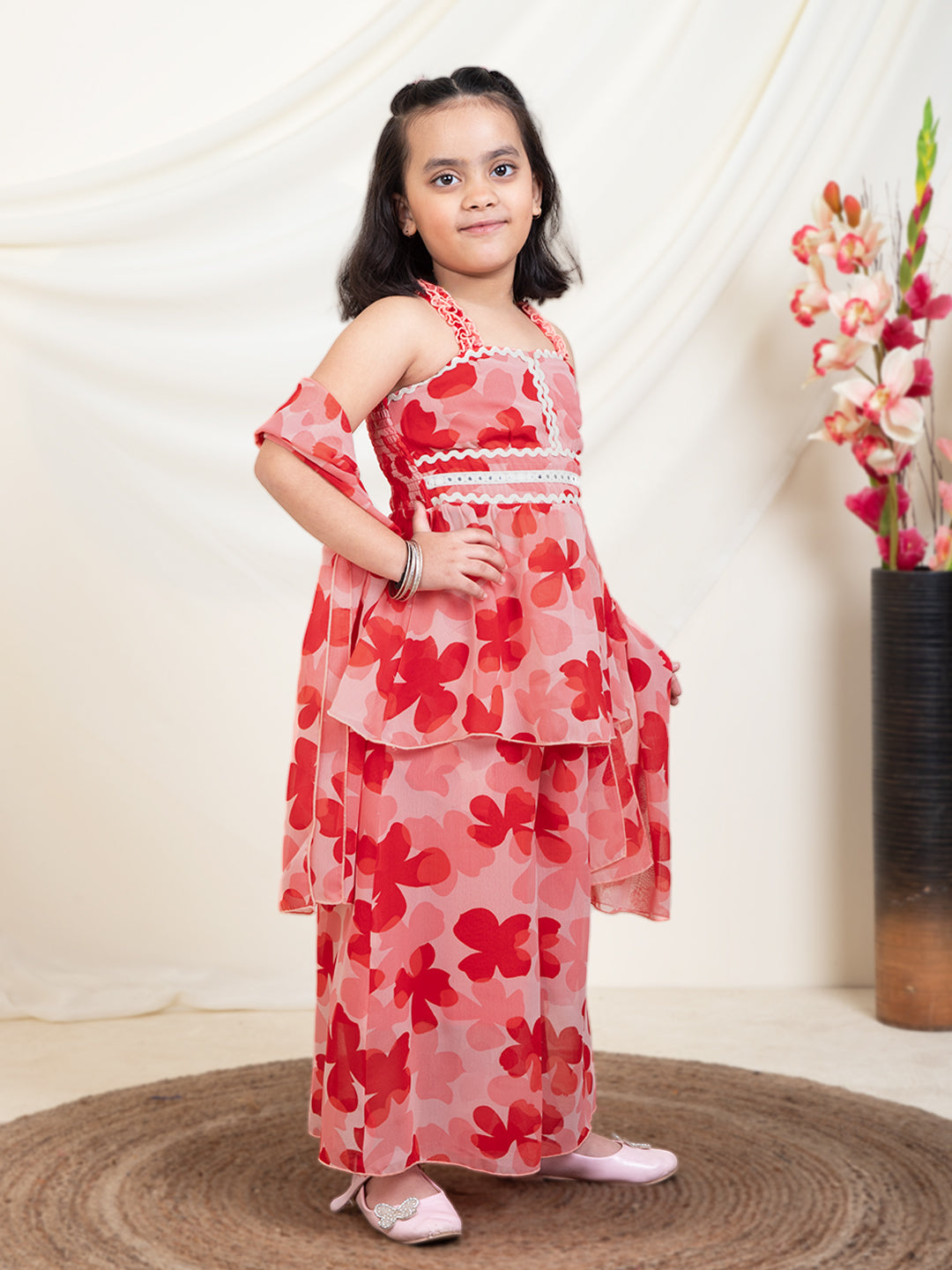 Floral Print Peplum Top & Circular Palazzos With Dupatta