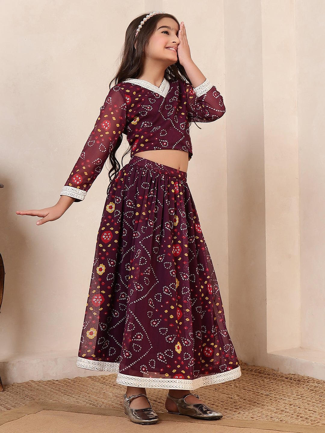 Wine Bandhani 3 Pieces Co-Ord Set