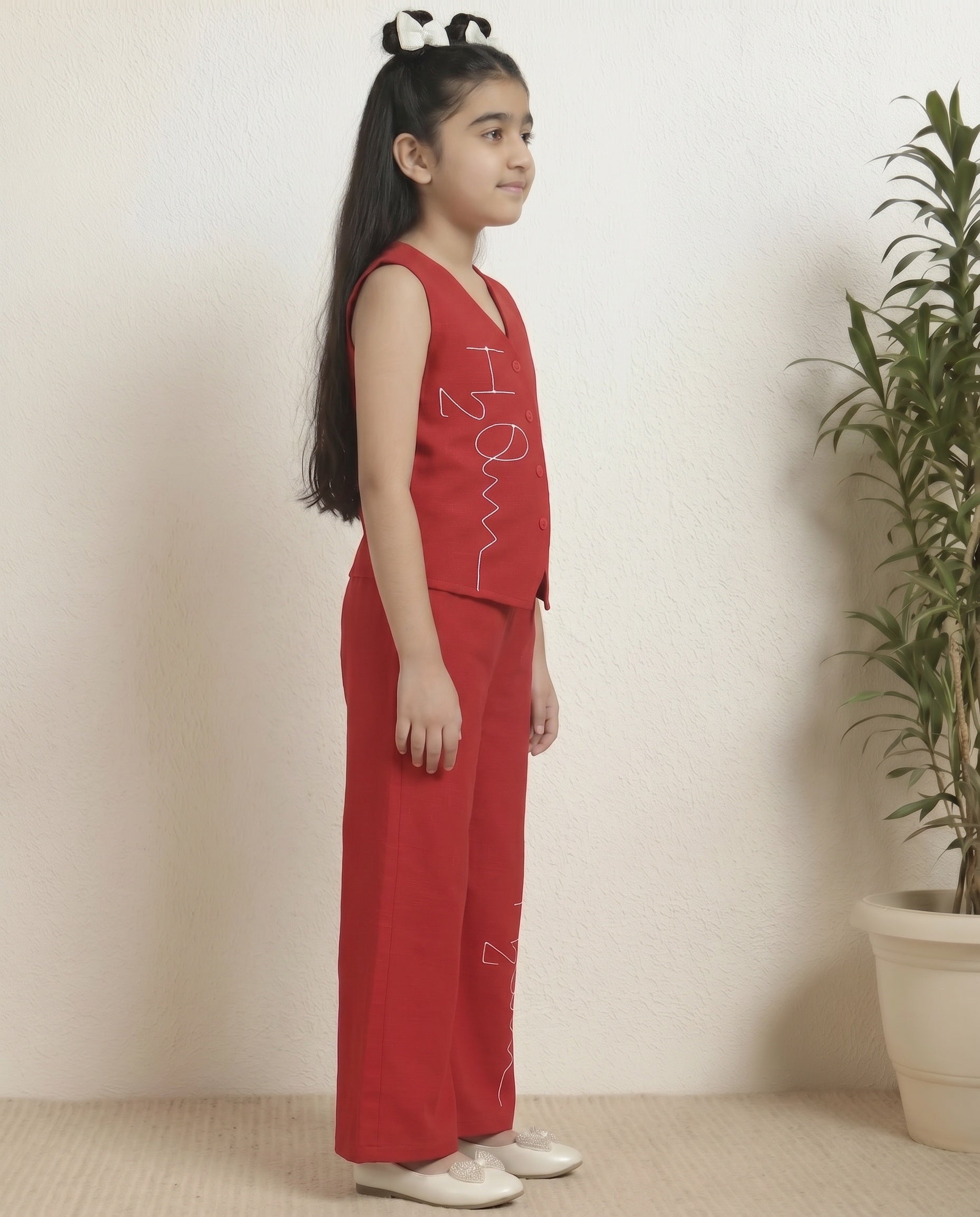 Red Cotton V-Neck Waist Coat With Palazzo Co-ord Set For Girls