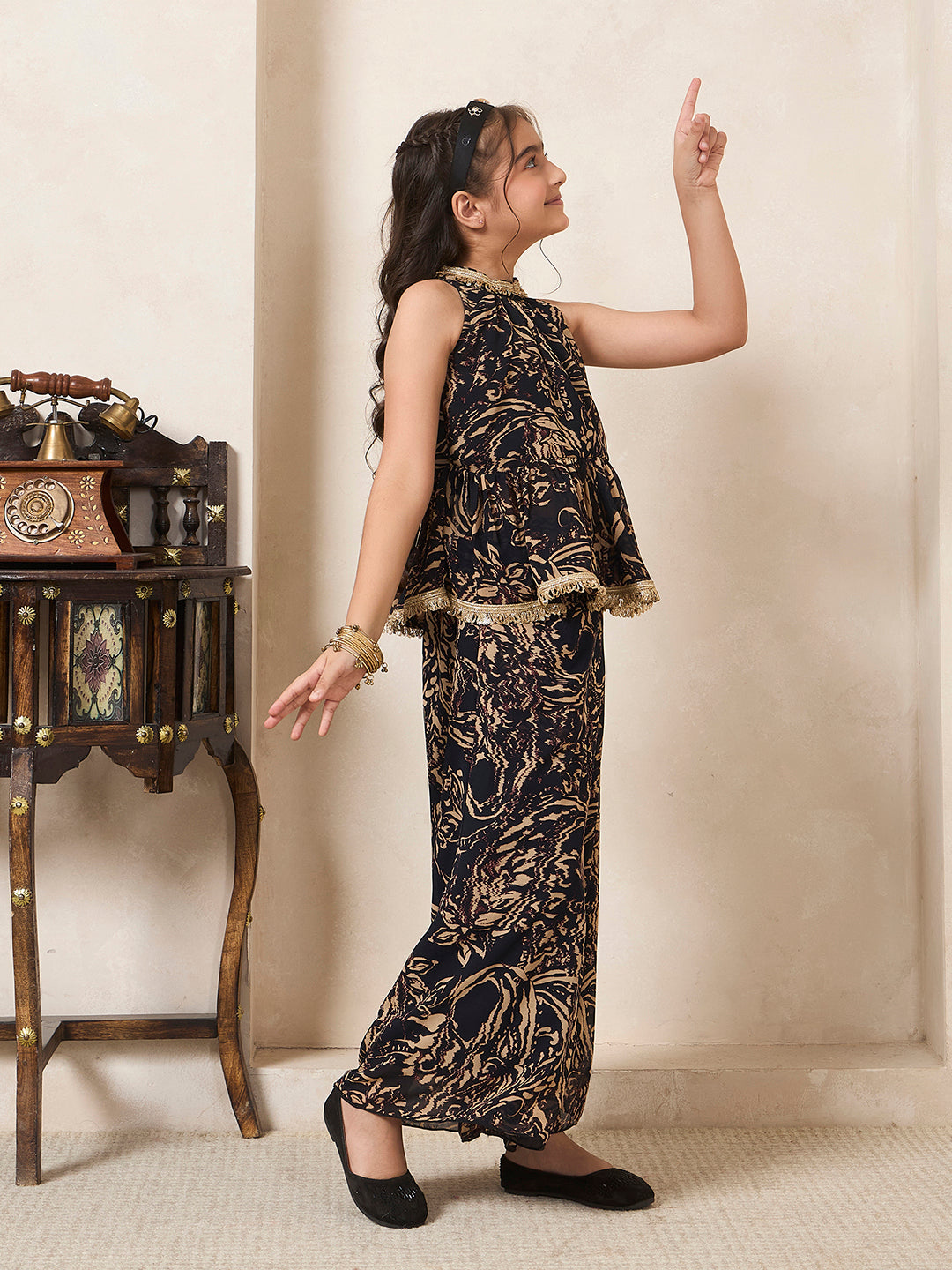Girl's Black & Beige Abstract Print Chiffon Peplum Top & Palazzo Set