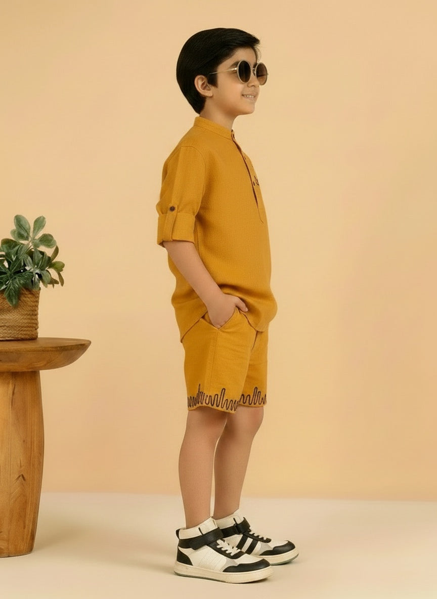 Yellow Cotton Mandarin Collar Embroidered Short Kurta With Short Co-ord Set