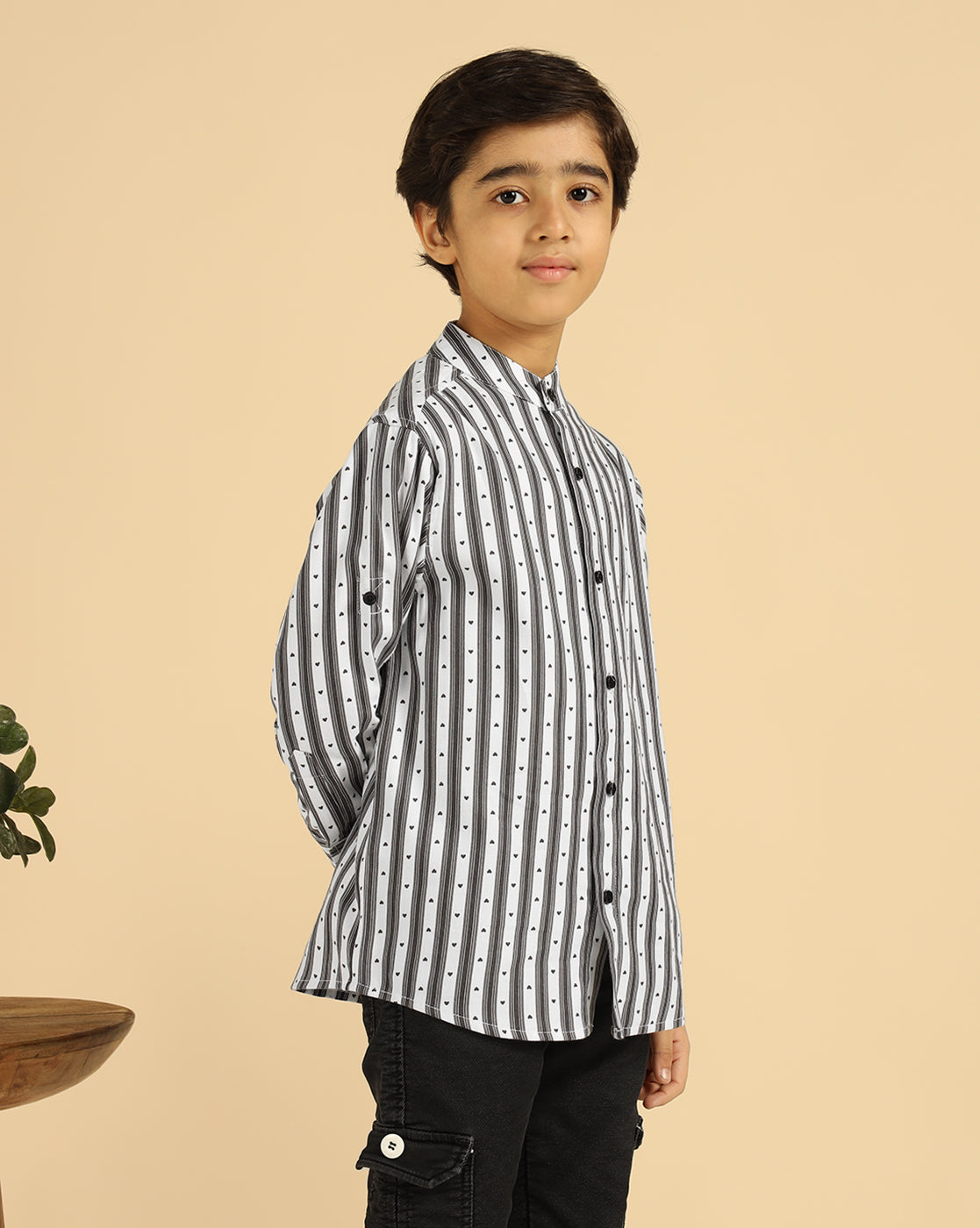 Black Striped Heart Printed Boys Shirt