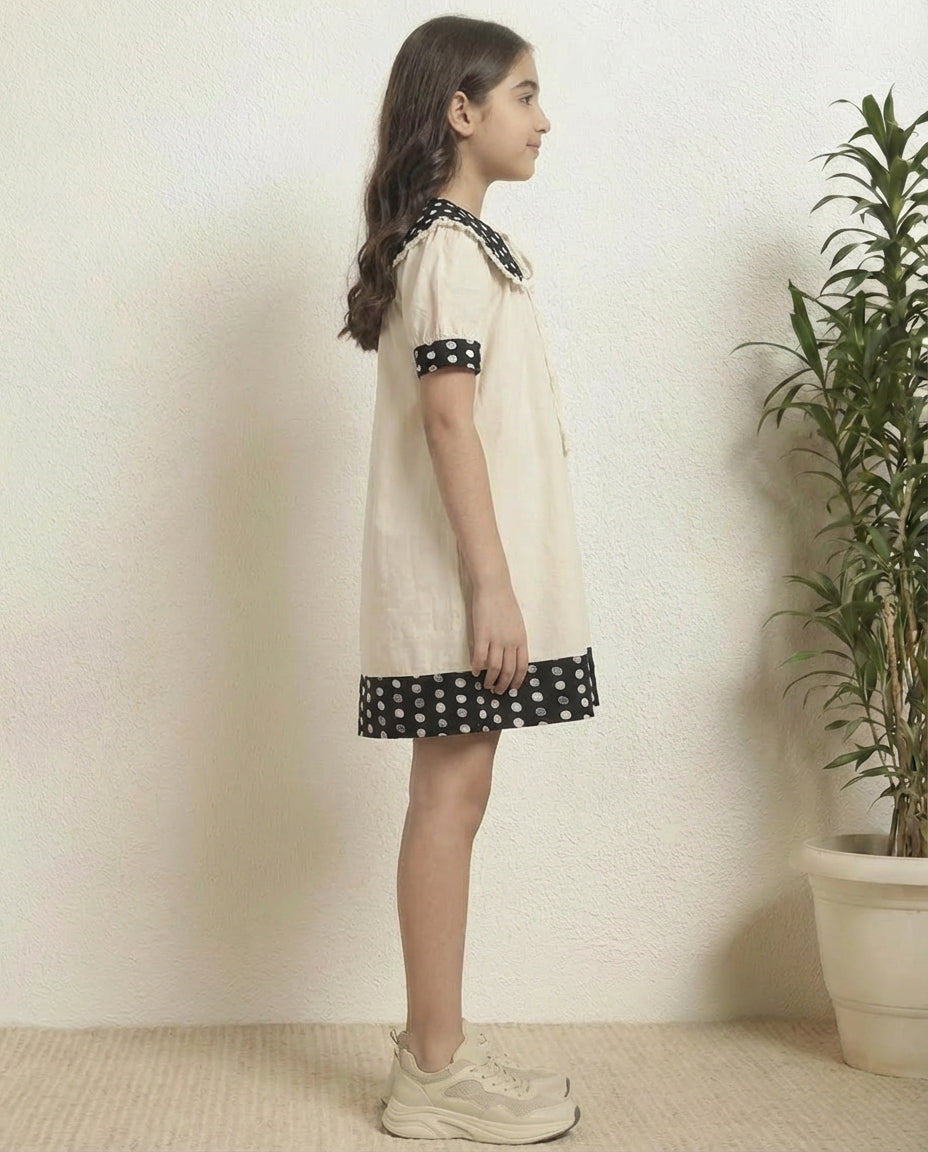 Off White Cotton With Black Polka Girls A-Line Dress