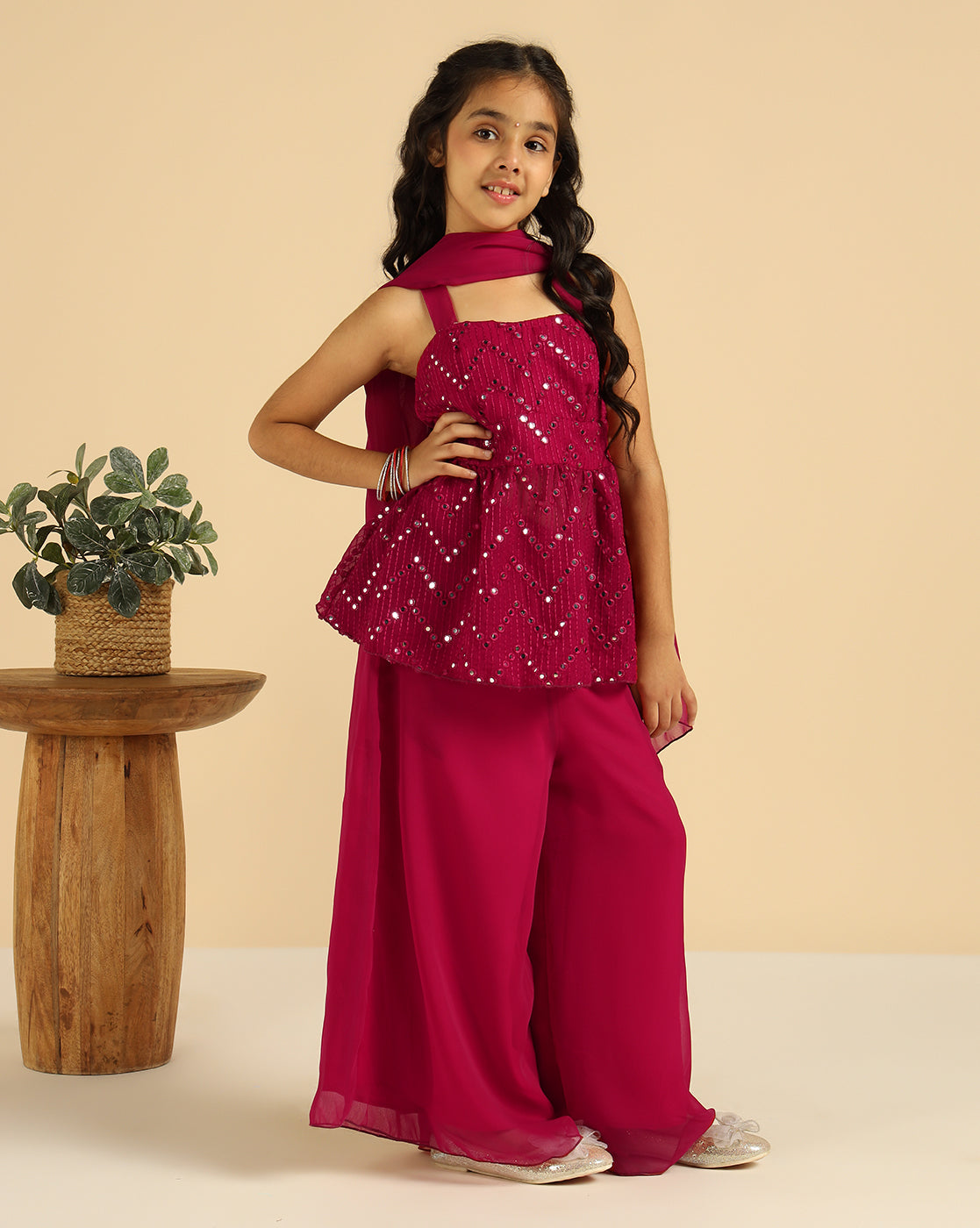 Magenta Embroidered Indo Western Girls Co-Ord Set