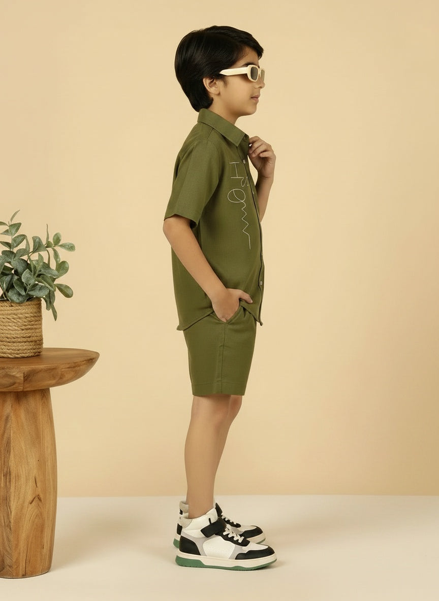 Olive Green Cotton Shirt Collar Solid Green Cotton Shirt With Shorts