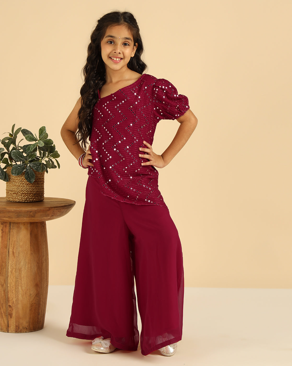 Magenta Embroidered One Shoulder With Palazzo Girls Co-Ord Set