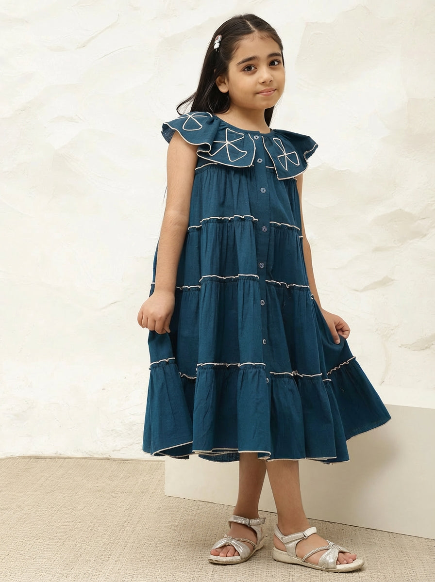 Pure Cotton Teal Embroidered Tiered Dress