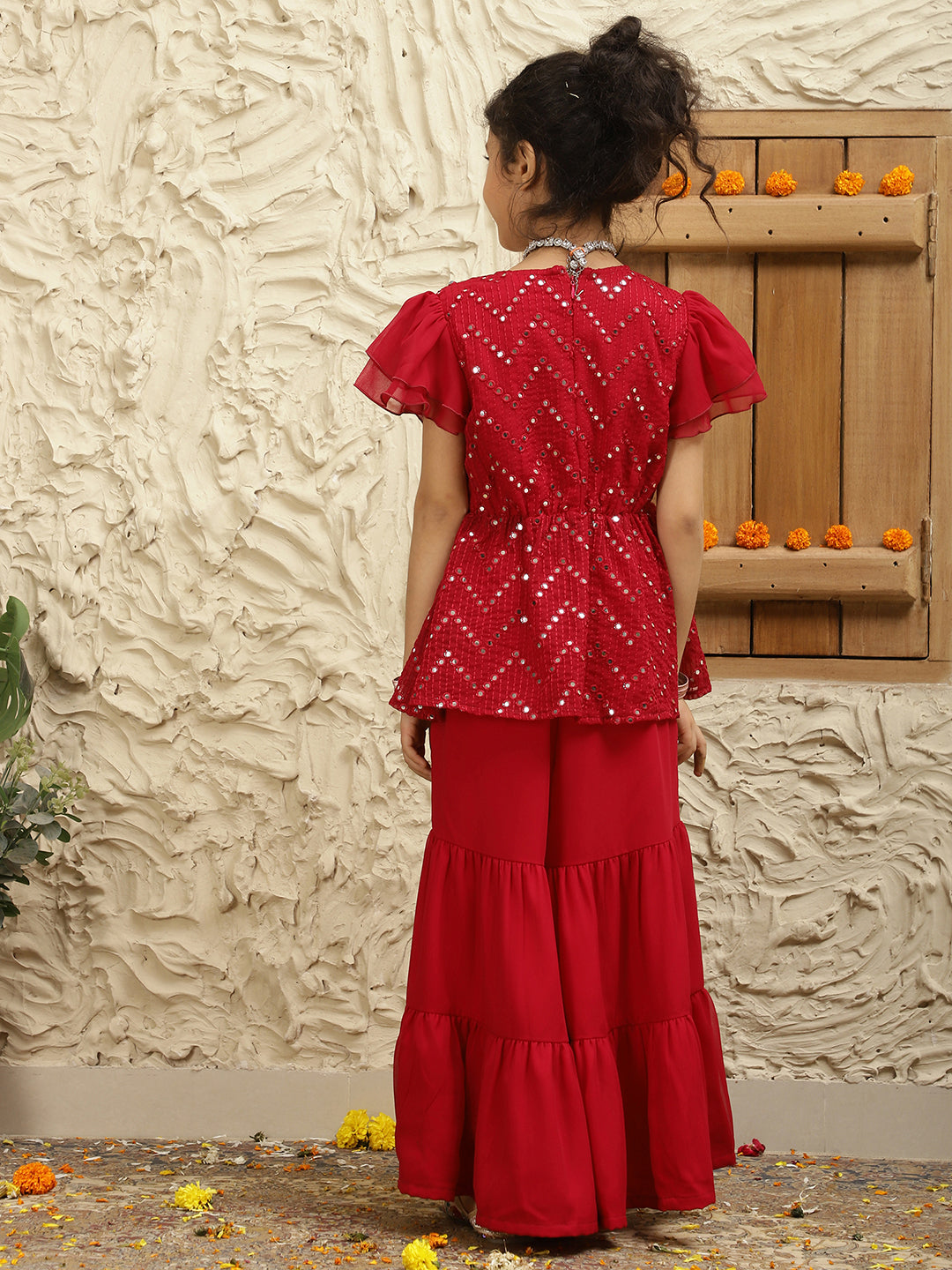 Pure Georgette Fusion Set With Bell Sleeves And Sharara