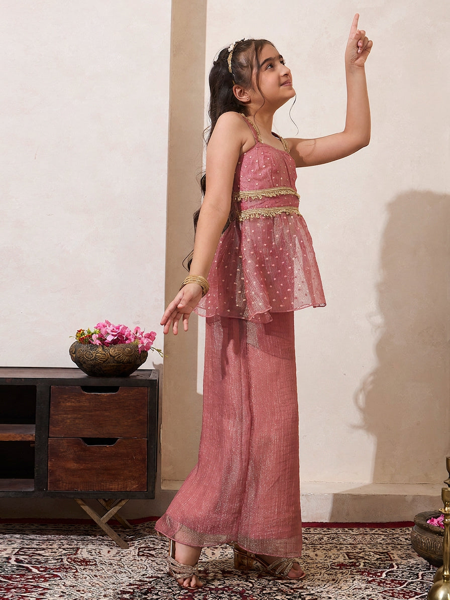 Pink Solid Shimmer Butta Work Peplum Top & Palazzo With Dupatta