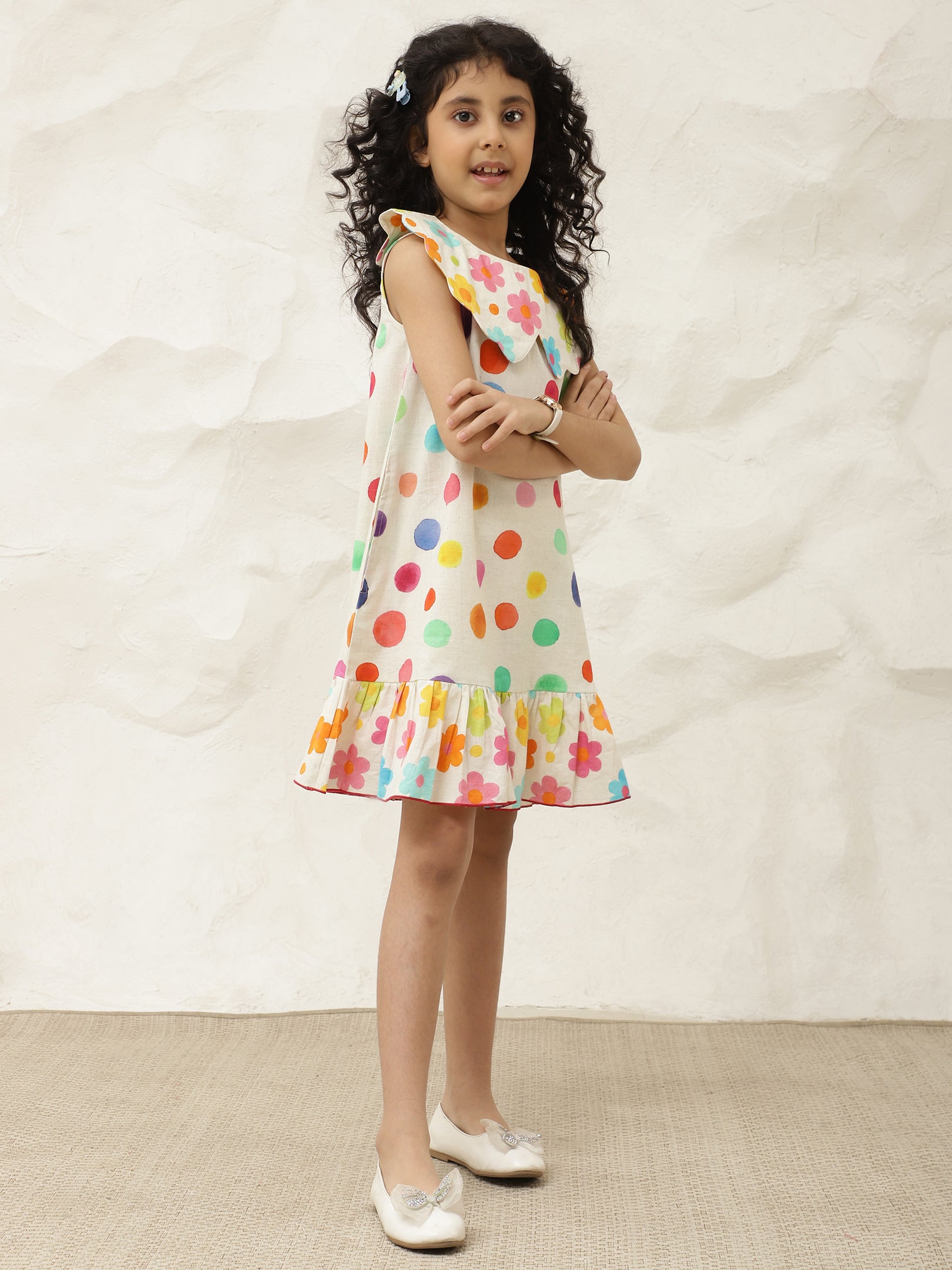 Pure Cotton Multicolor Scalloped Collar A-Line Dress