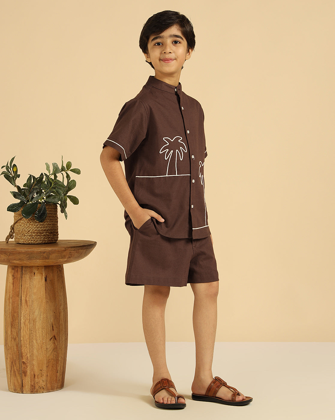 Brown Pure Cotton Embroidered Shirt With Shorts Boys Co-Ord Set