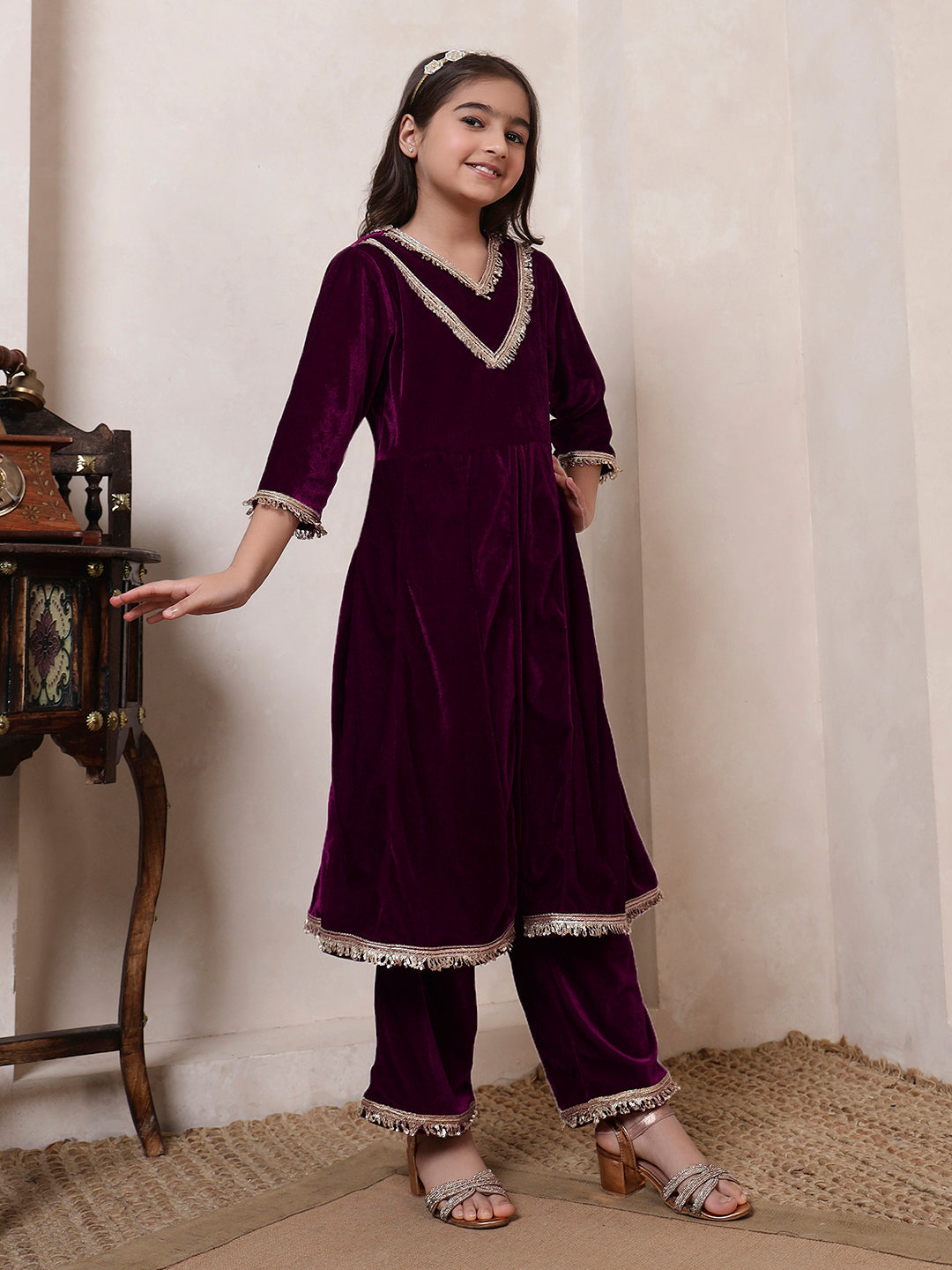 Wine Velvet Kurta Set