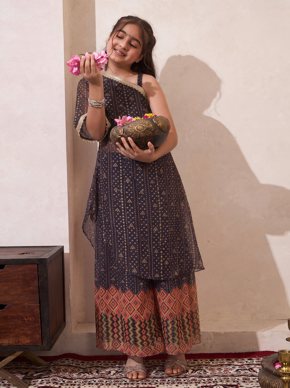 Black Bandhani Border Chiffon One Shoulder Kurta With Palazzo