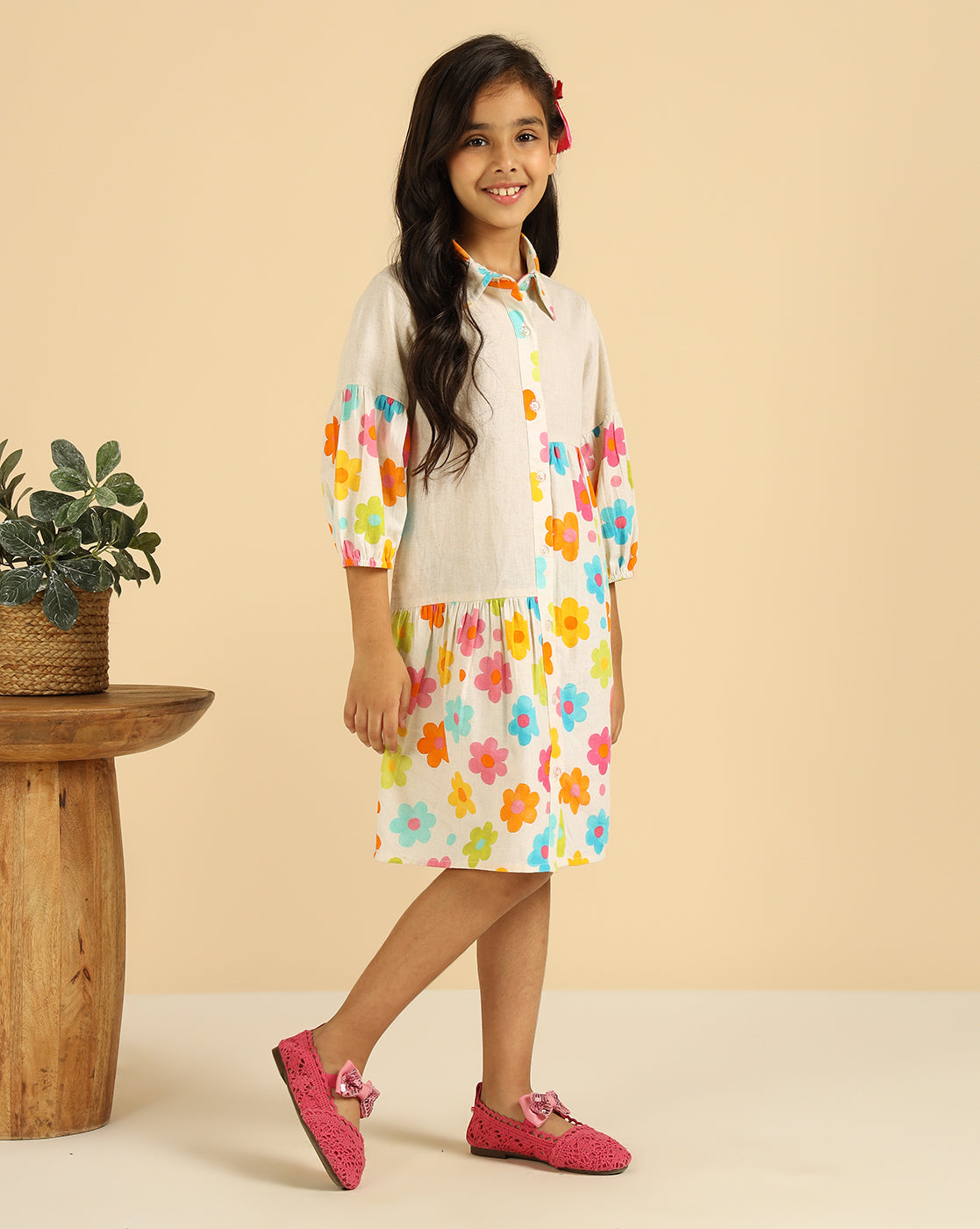 Off White Pure Cotton With Floral Printed Blocking Girls Tiered Shirt Dress