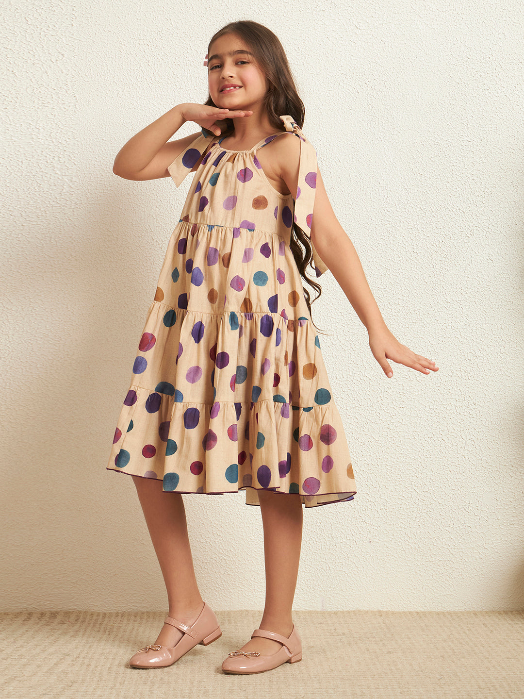 Girl's Multi Color Cotton Flex Polka Knot Tie-Up Style Dress