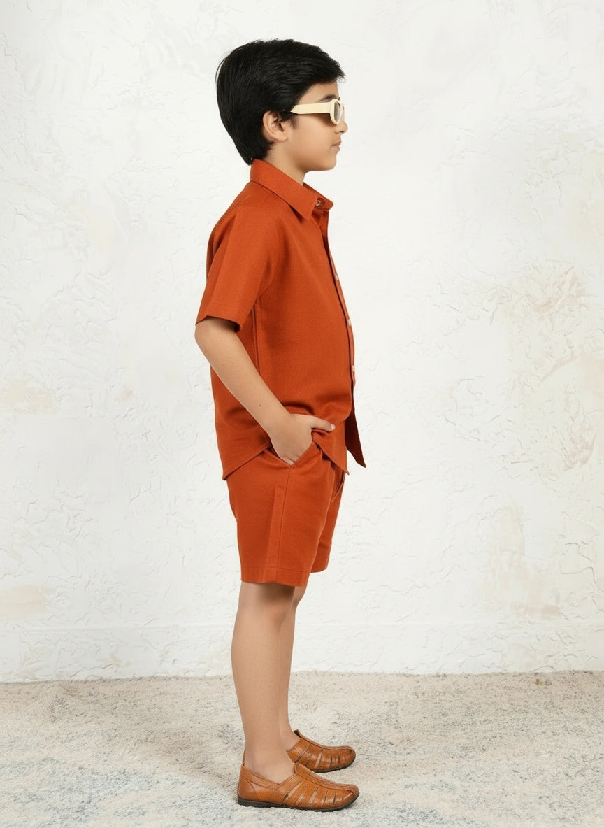 Rust Shirt Collar Solid Tan Embroidered Cotton Shirt With Shorts