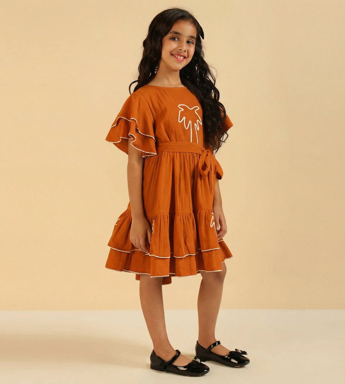 Embroidered Palm Motif Pure Cotton Gauze Dress For Girls