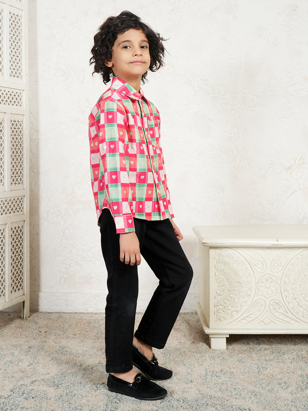 Heart Print Check Shirt For Boys