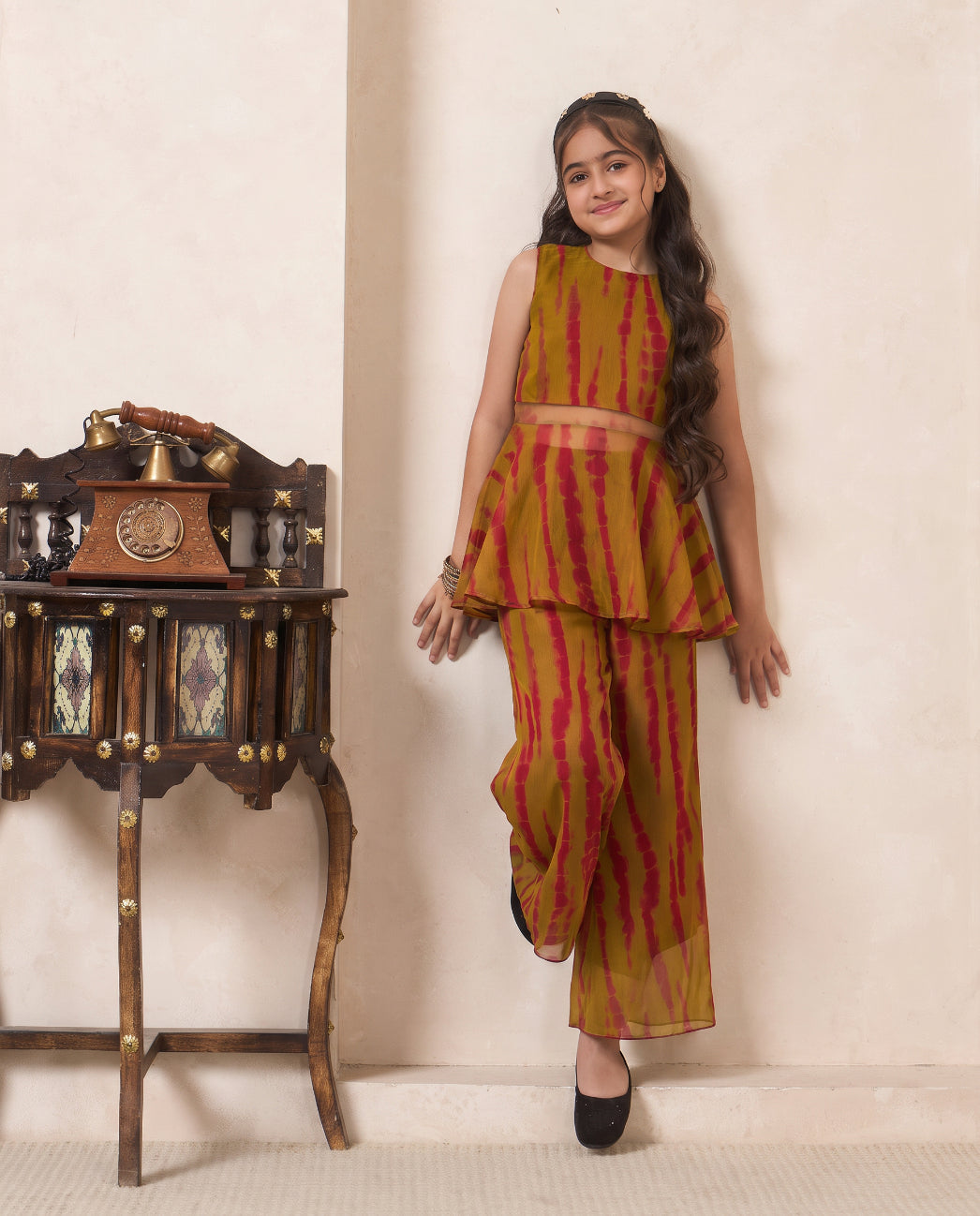 Girl's Multicolor Tie Dye Chiffon Peplum Top & Palazzo Set