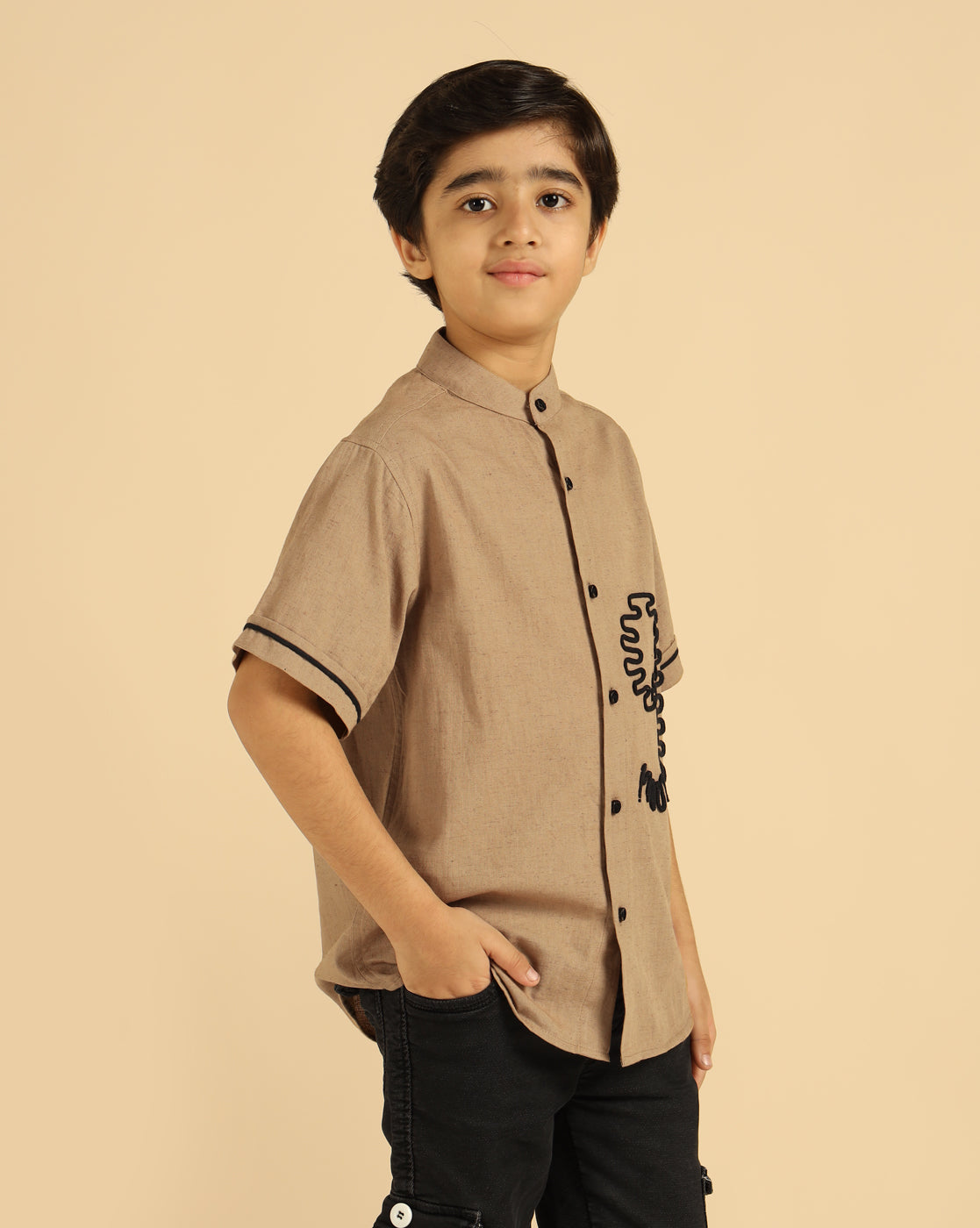 Embroidered Beige Casual Boys Shirt
