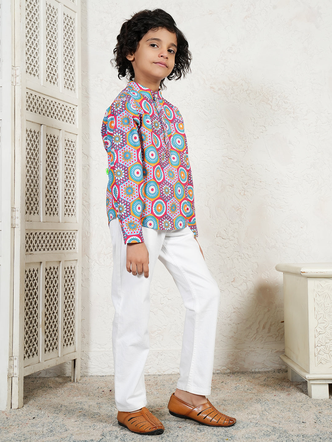 Multi Color Geometric Print Boys Kurta