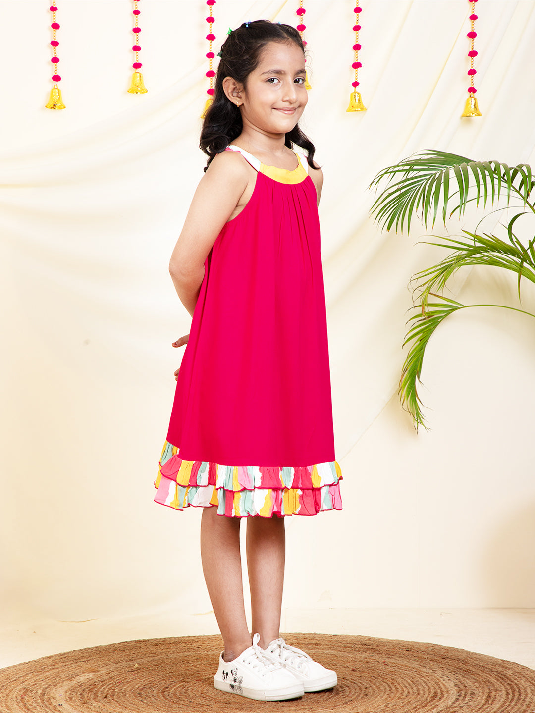 Solid Magenta Halter Neck Girls Dress