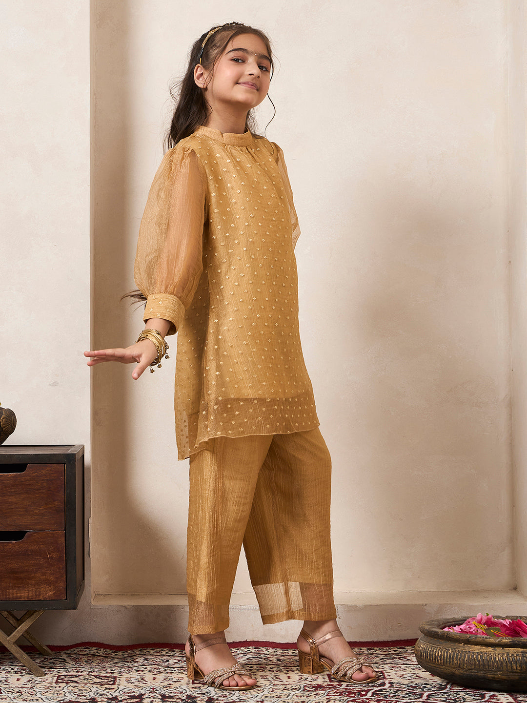 Golden Shimmer Butti Work Gathered Neck Kurta With Pant