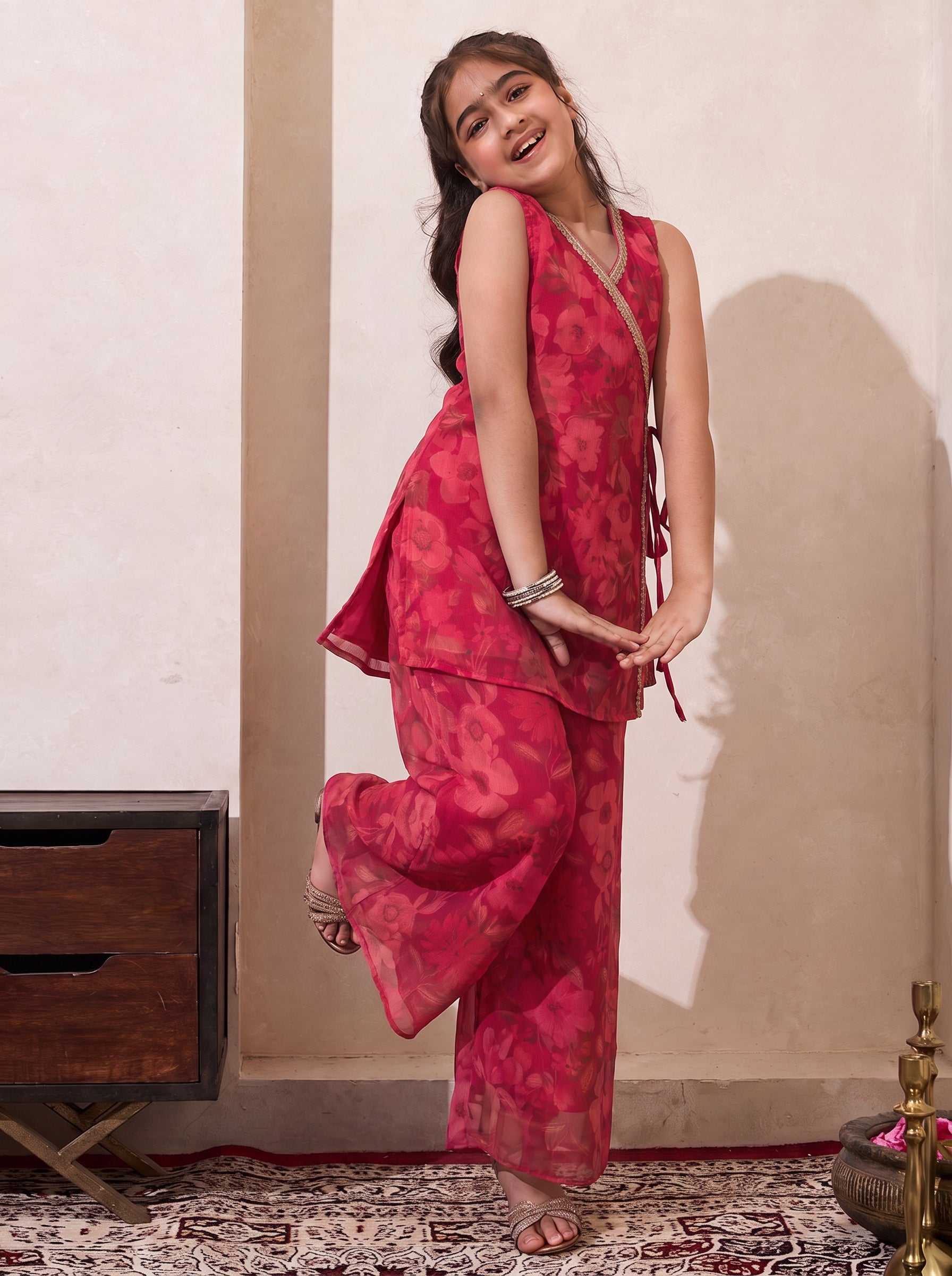Magenta Floral Print Chiffon Angrakha & Palazzo Set