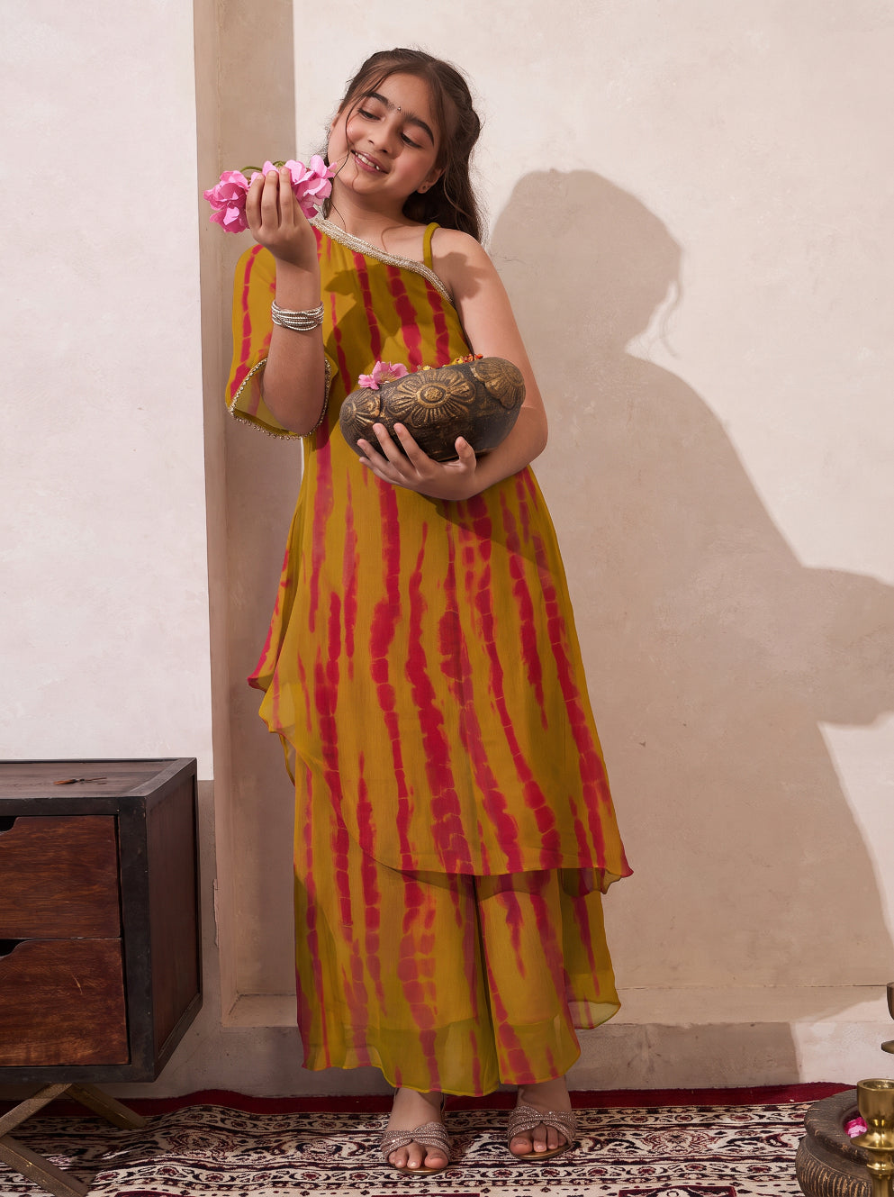 Multicolor Tie Dye Chiffon One Shoulder Kurta With Palazzo