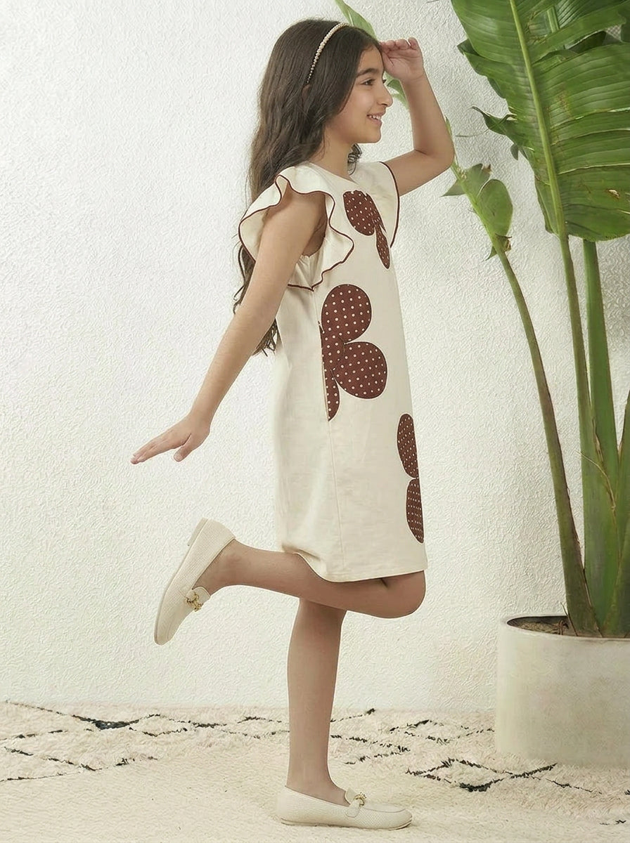 Girls' Cotton Off-White Dress with Polka Dot Floral Print, Ruffle Sleeves, Casual Wear